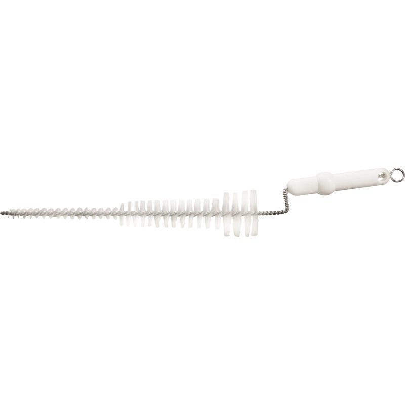 Die Haug Bürsten KG Zitzenbürste mit PBT-Borsten (ø 0,35 mm) und langem, gedrehtem Edelstahlstiel (500xø10-56M) ist ideal für die Reinigung von engen Behältern oder Schläuchen in der Milchproduktion.