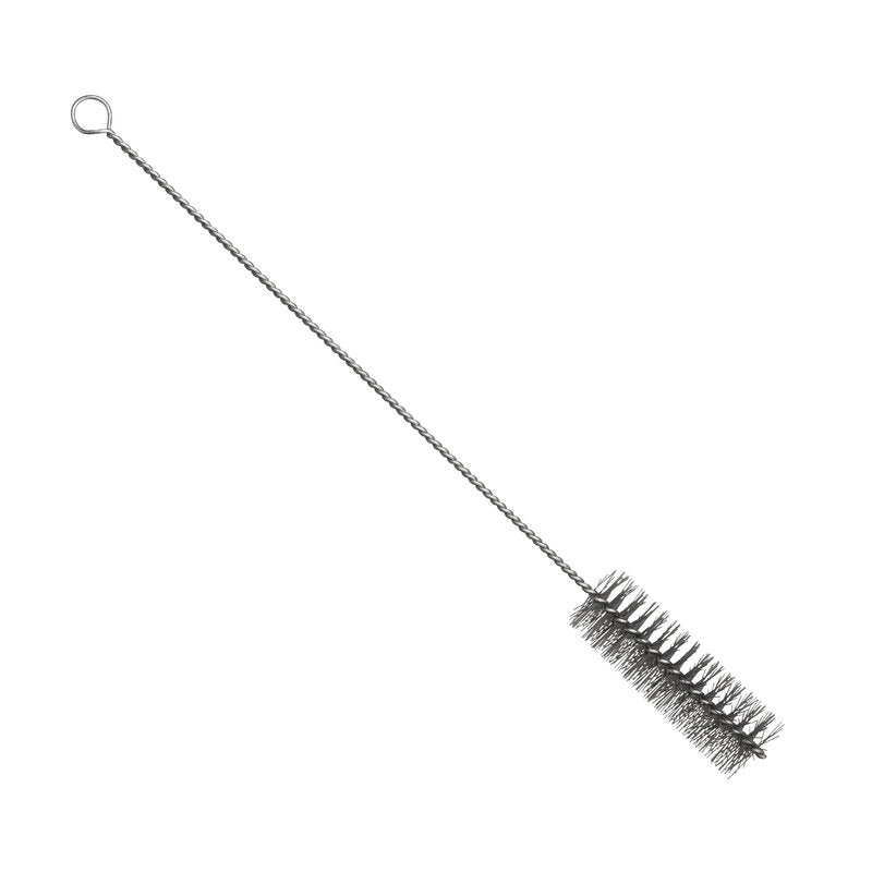 Die METAL DETECT ROHRBÜRSTE, EDELSTAHLDRAHT, PBT GRAU, 500xø40mm von Haug Bürsten KG verfügt über dichte zylindrische Borsten und einen gedrehten Drahtstiel mit Schlaufenende. Abgebildet auf weißem Grund; ideal für die Feinreinigung von Rohren.