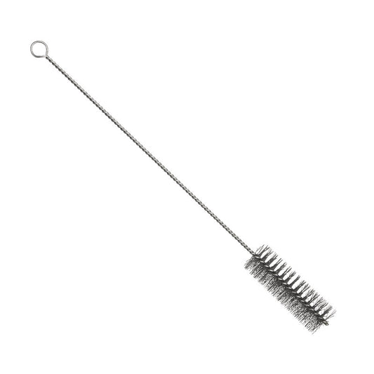 Die METAL DETECT ROHRBÜRSTE, EDELSTAHLDRAHT, PBT GRAU, 500xø40mm von Haug Bürsten KG verfügt über dichte zylindrische Borsten und einen gedrehten Drahtstiel mit Schlaufenende. Abgebildet auf weißem Grund; ideal für die Feinreinigung von Rohren.