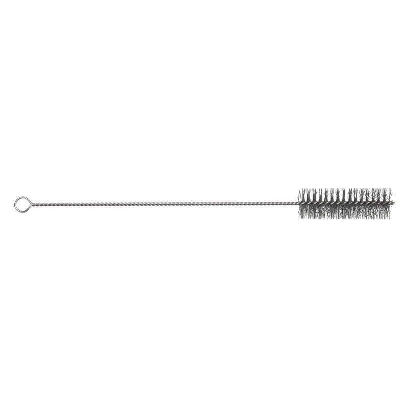 The METDEC PREM. PIPE BRUSH from Haug Bürsten KG features a twisted stainless steel wire handle with a loop and stiff gray PBT bristles in a cylindrical shape of 500xØ40mm, ideal for cleaning bottles or pipe interiors.