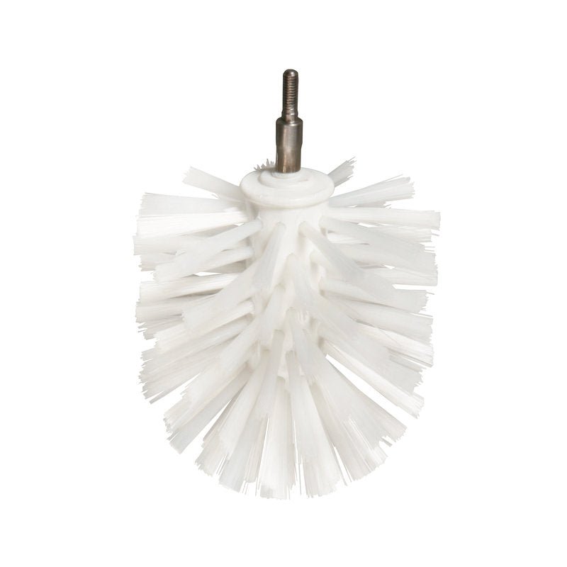 The EXTENDABLE BALL BRUSH, PBT, MEDIUM from Haug Bürsten KG is a white cylindrical brush head with stiff bristles and a metal attachment, designed for use with cleaning devices or drills.