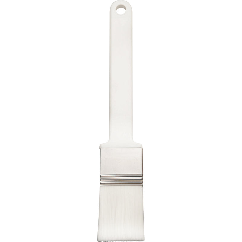 The Haug Bürsten KG FLAT BRUSH, PBT white tipped ø 0.25mm soft (210x35x45mm) features a flat bristle head, a metal ferrule, and a straight plastic handle with a top hole - perfect for precise painting work.