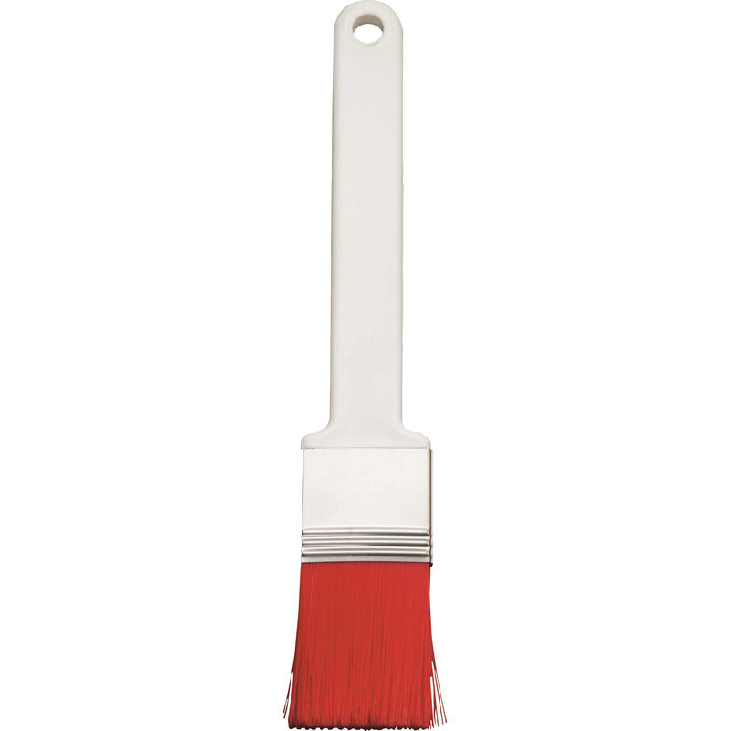 Die FLACHPINSEL, PBT ROT GESPITZT, ø 0,25MM von Haug Bürsten KG verfügt über einen weißen Kunststoffgriff, eine Metallzwinge und rote PBT-Borsten - perfekt für feine Malerarbeiten - auf einem schlichten weißen Hintergrund.