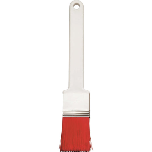 Die FLACHPINSEL, PBT ROT GESPITZT, ø 0,25MM von Haug Bürsten KG verfügt über einen weißen Kunststoffgriff, eine Metallzwinge und rote PBT-Borsten - perfekt für feine Malerarbeiten - auf einem schlichten weißen Hintergrund.