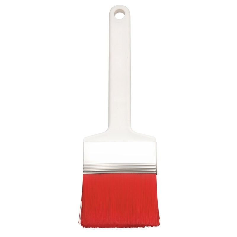The FLAT BRUSH, PBT RED TIPPED (ø 0.25mm) from Haug Bürsten KG has red PBT bristles and a white plastic handle with a hanging hole - ideal for painting work and against a plain background.