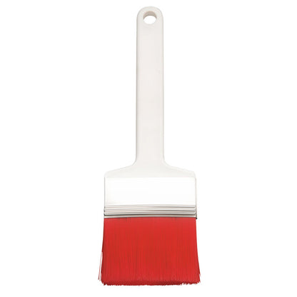 The FLAT BRUSH, PBT RED TIPPED (ø 0.25mm) from Haug Bürsten KG has red PBT bristles and a white plastic handle with a hanging hole - ideal for painting work and against a plain background.