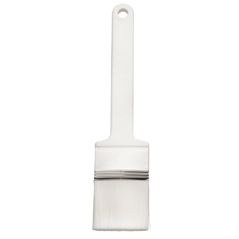 Der Haug Bürsten KG FLACHPINSEL,PBT WEIß GESPITZT ø 0,25MM WEICH (225x50x45mm) verfügt über weiche weiße PBT-Borsten, einen rechteckigen Kunststoffgriff mit Aufhängeloch und eine Metallzwinge - ideal für präzises Malen.