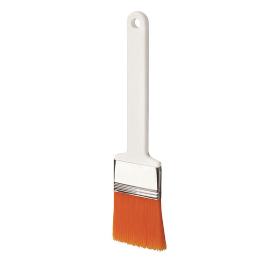 Die ANTI BAC FLACHPINSEL PBT ORANGE, ø 0,25MM WEICH von Haug Bürsten KG hat einen weißen Kunststoffgriff, eine silberne Zwinge und orangefarbene Borsten, die auf einem einfarbig weißen Hintergrund für eine hygienische Anwendung dargestellt sind.