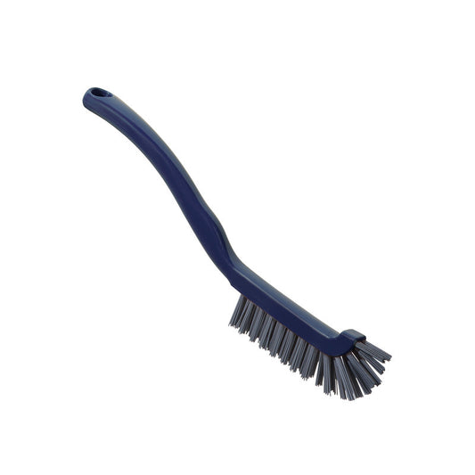 EINE METDEC PREM. FUGENBÜRSTE von Haug Bürsten KG mit steifen grauen PBT-Borsten, blauer Farbe, abgewinkeltem Griff und Aufhängeloch (220x15x19mm), ideal für die Fugenreinigung, isoliert auf weißem Hintergrund.