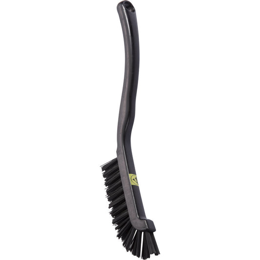 Die Haug Bürsten KG ESD FUGENBÜRSTE verfügt über steife 0,50 mm Nylonborsten, einen langen gebogenen schwarzen Griff (220x15x19mm) mit Aufhängeloch und einen ESD-Sicherer-Griff, der mit einem kleinen gelben Etikett gekennzeichnet ist.