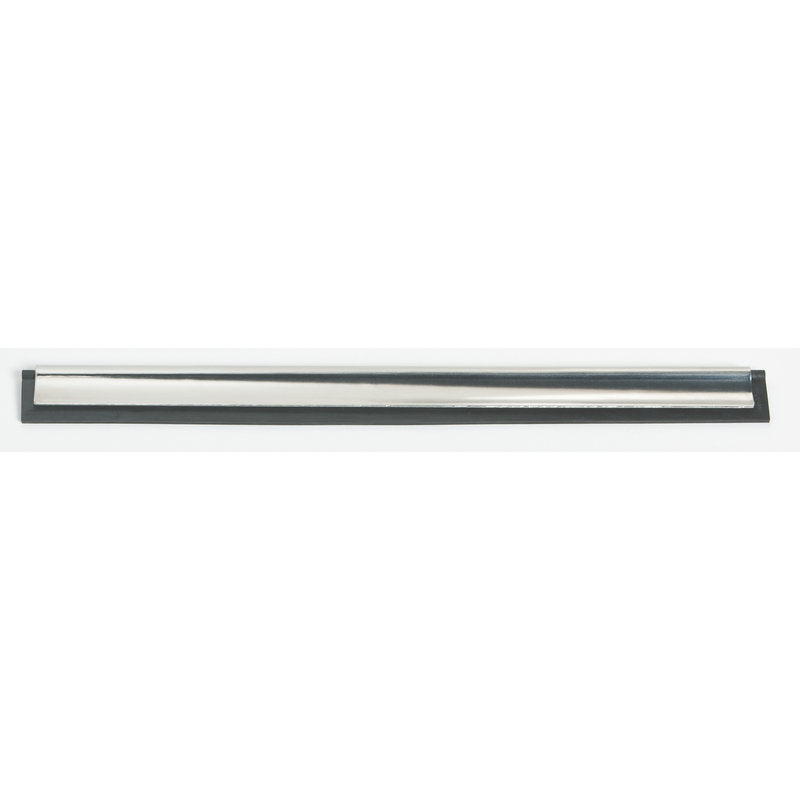 Die Haug Bürsten KG FENSTERWISCHER-SCHIENE, 250MM, EDELSTAHL, GUMMI, FÜR #8500 hat einen Edelstahlkörper mit schwarzem Gummirand und liegt waagerecht auf weißem Grund - perfekt für die streifenfreie Reinigung.