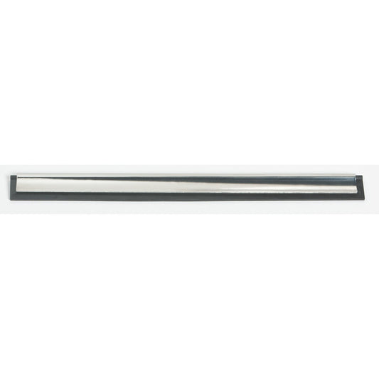 Die Haug Bürsten KG FENSTERWISCHER-SCHIENE, 250MM, EDELSTAHL, GUMMI, FÜR #8500 hat einen Edelstahlkörper mit schwarzem Gummirand und liegt waagerecht auf weißem Grund - perfekt für die streifenfreie Reinigung.