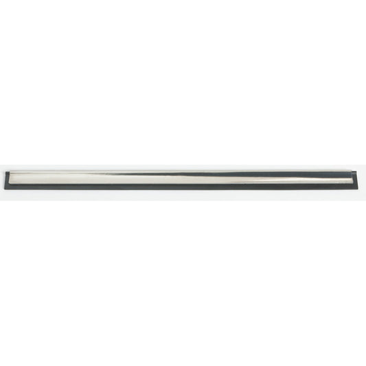 Eine glänzende, rechteckige Haug Bürsten KG FENSTERWISCHER-SCHIENE (350mm, Edelstahl, Gummi, für #8500) ist in einen schwarzen Sockel eingelassen, fotografiert von oben auf weißem Hintergrund.