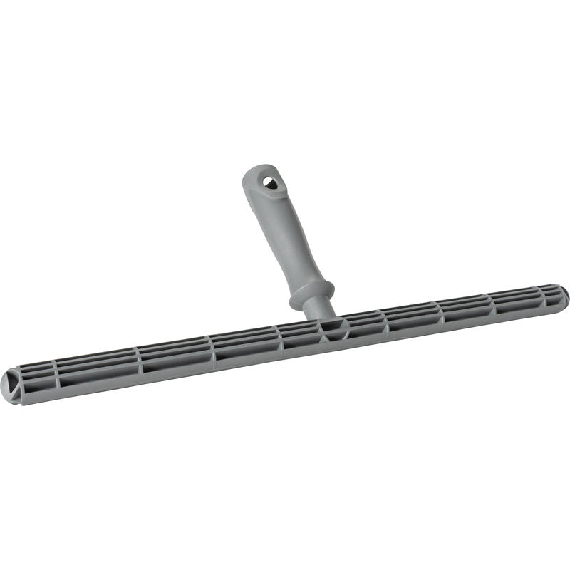 Der Haug Bürsten KG T-TRÄGERTEIL, KUNSTSTOFF, 450MM FÜR EINWASCHERBEZÜGE ist ein grauer Kunststoff-Fensterabziehergriff mit Gitterstruktur und ergonomischem Griff, ideal für 450mm Einwascherbezüge, abgebildet auf weißem Hintergrund.