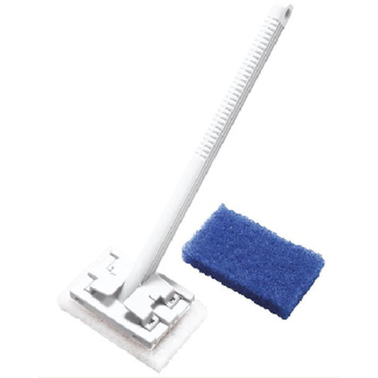 Der LANGSTIEL-GRILLREINIGER PA GF,425X155X65MM,2PADS von Haug Bürsten KG verfügt über einen weißen, langstieligen Körper mit einem rechteckigen Reinigungspad neben einem blauen Scheuerpad für eine effektive Grillreinigung auf weißem Hintergrund.