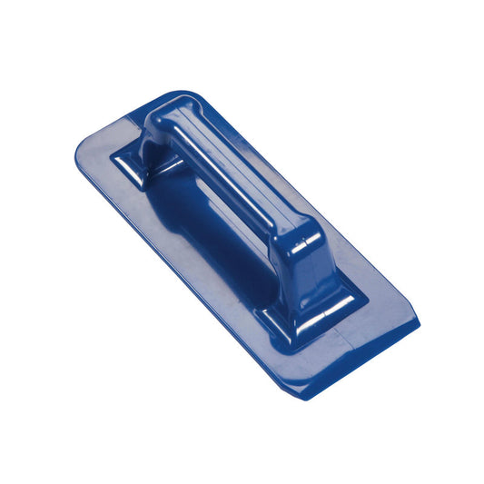Ein blauer HAND-PADHALTER der Haug Bürsten KG aus Polypropylen mit rechteckiger Grundfläche (240x95x70mm), zentralem Griff und Schabkante, abgebildet ohne Pads auf weißem Hintergrund.
