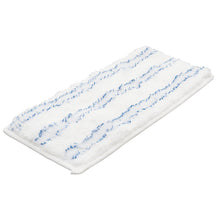 Das Haug Bürsten KG PAD WEICH/ABRASIV, 260x130mm, für #8616 und #8617, ist ein rechteckiges weißes Mikrofaser-Mopp-Pad mit blauen Streifen - ideal zum Reinigen und Polieren.