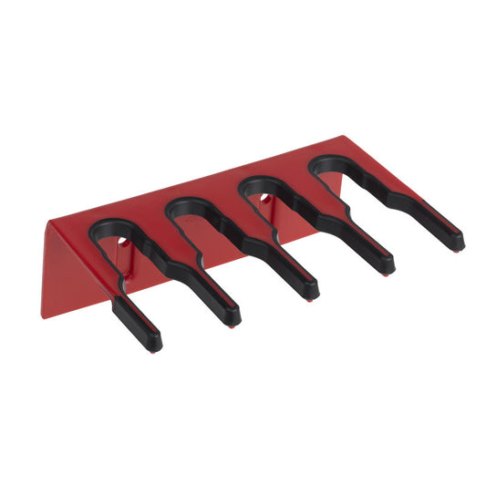 Die KUNSTSTOFF-GERÄTELEISTE 200X70X125 MM von Haug Bürsten KG ist ein rotes, dreieckiges Kunststoffregal mit vier schwarzen Schlitzen zur Organisation von Werkzeugen, abgebildet auf weißem Hintergrund.