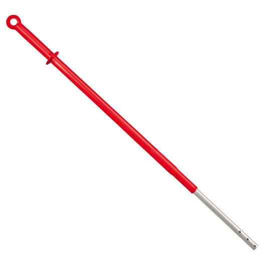 Der Haug Bürsten KG TELESKOPSTIEL ist ein roter, eloxierter Aluminiumstiel, 1800mm lang mit 32mm Außendurchmesser, ausziehbar, mit einem oberen Aufhängeloch und mehreren Löchern zur Befestigung von Besenköpfen.