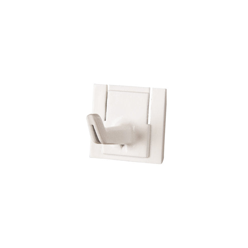 Die ERSATZ-STIELHALTERUNG HAKEN 42x32x31mm von Haug Bürsten KG ist ein kleiner, weißer Kunststoff-Wandhaken mit quadratischer Grundfläche, perfekt für die Organisation von Werkzeug oder Befestigung Werkzeug. Geeignet für die Verwendung mit Art.8699. Fotografiert auf einem einfachen weißen Hintergrund.