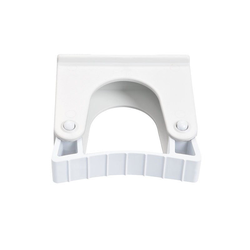 A white plastic REPLACEMENT HANDLE MOUNT 20-30MM 70X35X75MM from Haug Bürsten KG with a rectangular top, curved center opening, side hinges, and a ribbed handle. Designed as a replacement holder for the handle mount 20-30MM. Solid white background.