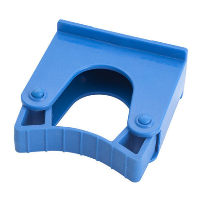 The Haug Bürsten KG REPLACEMENT HANDLE MOUNT 20-30MM (70x35x75mm) is a blue plastic pipe cutter with a rectangular top, two round hinges, a curved ribbed bottom, and a sturdy fastening ideal for handle mount 20-30MM.