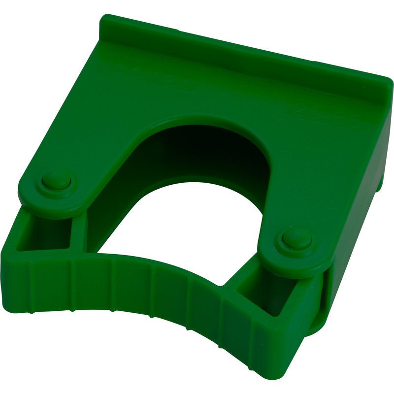 The Haug Bürsten KG REPLACEMENT HANDLE MOUNT 20-30MM 70X35X75MM is a green plastic clamp with a U-shaped opening and two round hinges, ideal as a robust replacement holder for securing pipes or hoses.