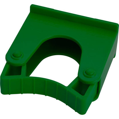 The Haug Bürsten KG REPLACEMENT HANDLE MOUNT 20-30MM 70X35X75MM is a green plastic clamp with a U-shaped opening and two round hinges, ideal as a robust replacement holder for securing pipes or hoses.