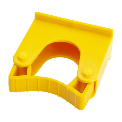 The REPLACEMENT HANDLE MOUNT 20-30MM 70X35X75MM from Haug Bürsten KG is a yellow plastic bracket with an arched opening and two rivets to securely hold small pipes or hoses; it features a robust fastening for improved durability.