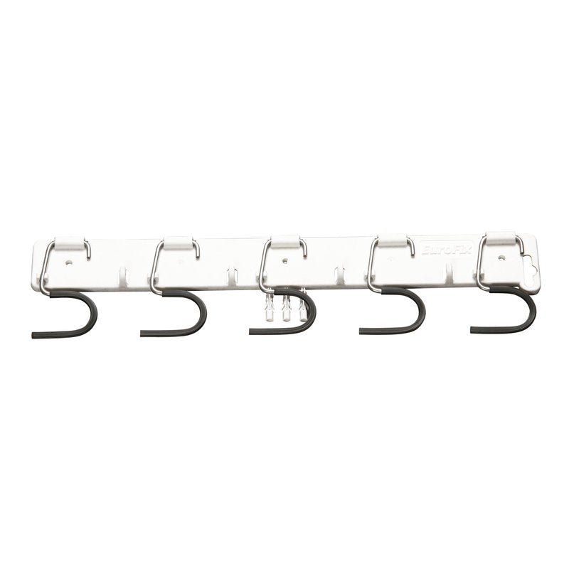 The PLASTIC TOOL RAIL from Haug Bürsten KG features 5 galvanized, movable hooks (440x50mm), ideal for organized storage of tools or kitchen utensils. Wall mounting keeps the utensils tidy and accessible.