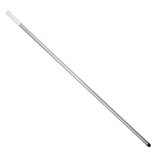 Der Moppstiel ALUSTIEL der Haug Bürsten KG ist 1400mm lang, aus silbernem Aluminium (ø 22mm, Wandstärke 1mm), mit einem weißen Kunststoffgriff auf der einen Seite und einer schwarzen Spitze auf der anderen Seite, abgebildet auf einem schlichten weißen Hintergrund.