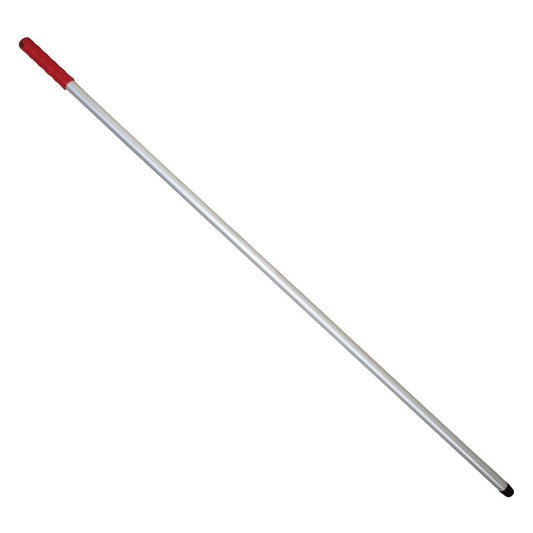 Der 1400 mm lange Griff der Haug Bürsten KG ALUSTIEL mit einem Außendurchmesser von 22 mm und einer Wandstärke von 1 mm hat einen roten Kunststoffgriff und eine schwarze Kappe; er ist diagonal auf weißem Grund abgebildet.
