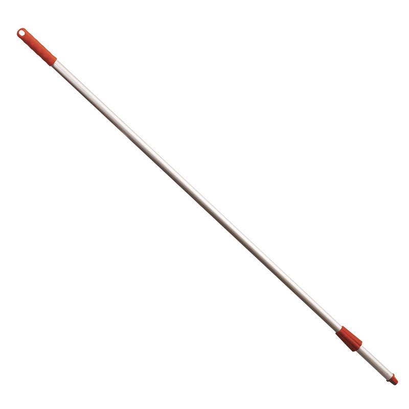 A long, silver Haug Bürsten KG METAL DETECT ALUSTIEL,1450MM OXIDIZED RED CAP+ÜWM rod with red handles, designed for attaching cleaning accessories; compatible with ø25mm tools.