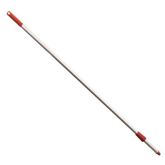Eine lange, silberne Haug Bürsten KG METAL DETECT ALUSTIEL,1450MM OXIDROTE KAPPE+ÜWM Stange mit roten Griffen, konzipiert für die Befestigung von Reinigungszubehör; kompatibel mit ø25mm Werkzeugen.