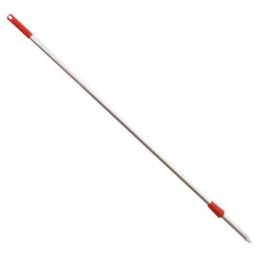Der Haug Bürsten KG ALUSTIEL ist ein 1400 mm langer Aluminiumstiel (ø22 mm, 1 mm Wandstärke) mit rotem Kunststoffgriff, Aufhängeloch und Gewindeanschluss für die Reinigung von Werkzeugköpfen.