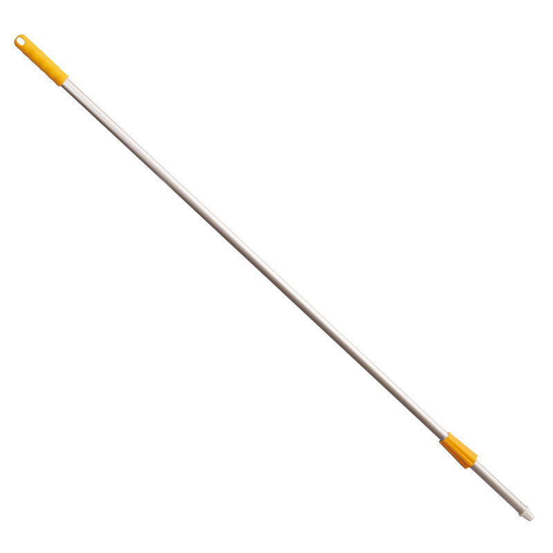 Der ALUSTIEL von Haug Bürsten KG ist ein 1400mm langer, silberner Aluminiumgriff (ø22mm, Wandstärke 1mm) mit einem gelben Kunststoffgriff an einem Ende und einem gelben Stecker am anderen Ende, isoliert auf weiß dargestellt.