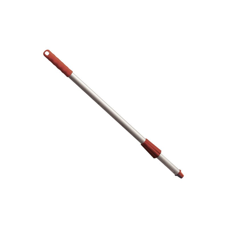 The Haug Bürsten KG METDECT ALUSTIEL, ELOX., 650MM mast features anodized aluminum, red OXIDROTE plastic caps, and a coupling nut, pictured against a white background.