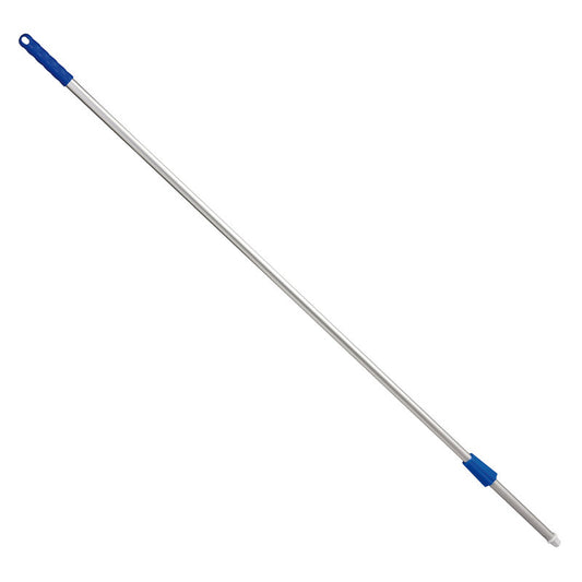 Der Haug Bürsten KG ALUSTIEL ist ein silberner Aluminium-Moppstiel mit blauem Griff, 1600 mm lang, 22 mm Außendurchmesser und 1 mm Wandstärke, isoliert auf weißem Hintergrund dargestellt.