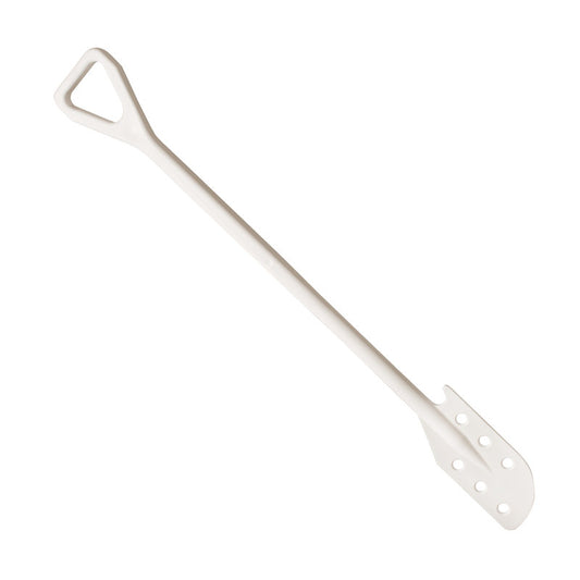 Der RÜHRLÖFFEL M.LÖCHERN,PP MIT STIEL 138X38X1190MM von Haug Bürsten KG ist ein weißer Polypropylen-Rührer mit dreieckigem Griff und flach gelochter Klinge, ideales Küchenzubehör zum Mischen von Flüssigkeiten oder Zutaten.