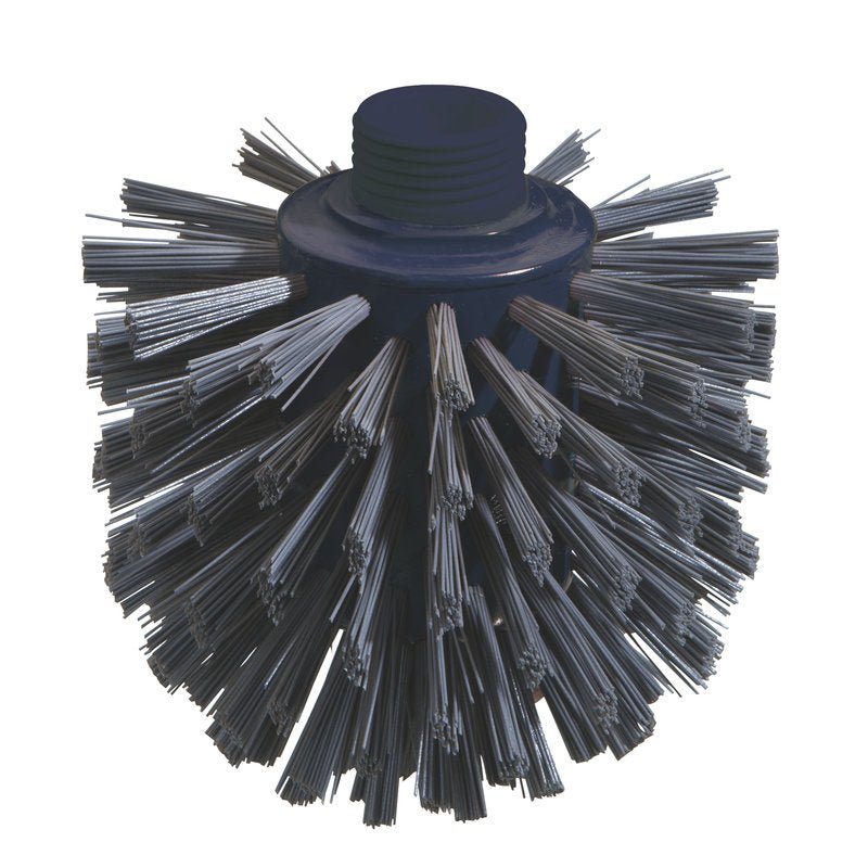 The METDEC PREM. WOLFBRUSH from Haug Bürsten KG is a cylindrical, hard PBT industrial cleaning brush (grey/blue, 135xØ120mm) with densely arranged circular bristles around a central threaded core for effective surface cleaning.