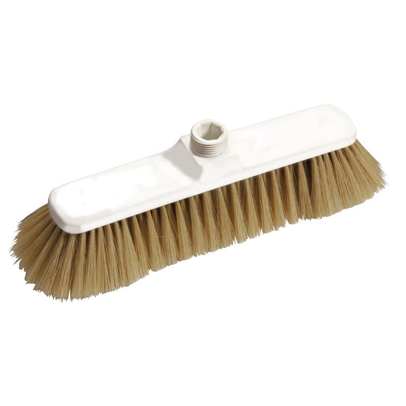 The Haug Bürsten KG BROOM, BLONDE HAIR MIXTURE 30/70 280X50X55MM features blonde hair mixture bristles, a white plastic base with a central threaded hole - ideal for effective cleaning on all surfaces.