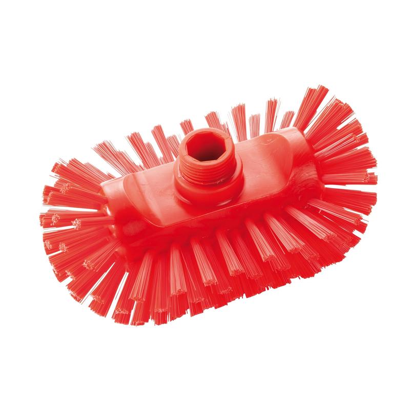 Die Haug Kesselbürste PBT Hart 200x125x105 mm von Haug Bürsten KG hat steife Kunststoffborsten, ein zentrales Gewindeloch zur Stielbefestigung und ist HACCP geeignet. Hier abgebildet in rot mit gleichmäßigem Borstenmuster auf weißem Grund.