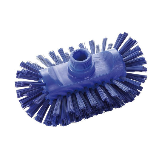 Die Haug Bürsten KG Kesselbürste PBT Hart 200x125x105 mm, abgebildet in blau, hat steife Seitenborsten und ein zentrales Gewindeloch zur Stielbefestigung. HACCP-geeignete hygienische Reinigungsbürste. Abgebildet auf weißem Hintergrund.
