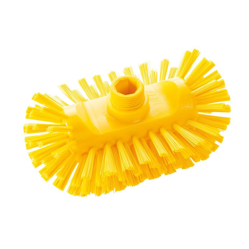 Pictured is a yellow Haug Bürsten KG kettle brush PBT Hard 200x125x105 mm scrubbing head with stiff bristles and threaded handle hole, HACCP suitable for hygienic cleaning, on a white background.