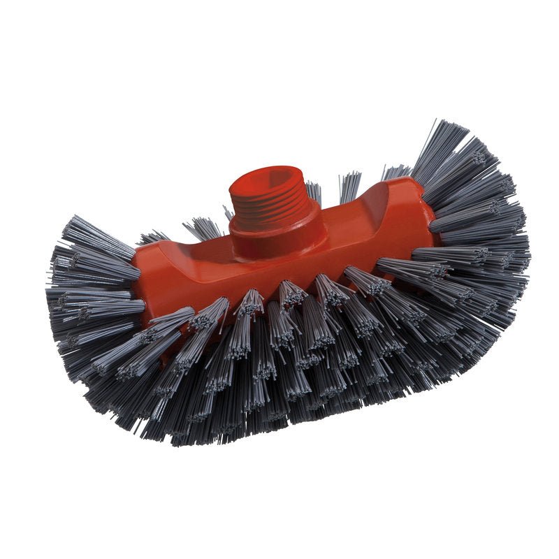 The close-up of a Haug Bürsten KG METAL DETECT KESSELBÜRSTE, PBT gray, Ø0.60mm (200x125x35mm) shows the dense, stiff bristles and the threaded hole for attaching a handle, ideal for metal cleaning, against a white background.