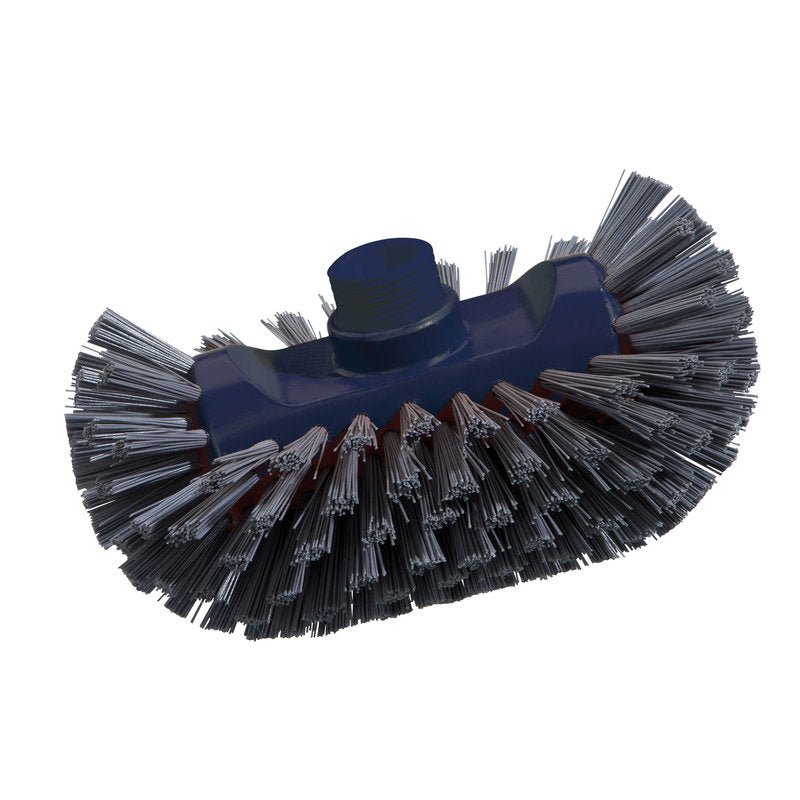 A close-up of the Haug Bürsten KG METDEC PREM. BOILER BRUSH, PBT gray/blue, 200x125x35mm shows dense, stiff PBT bristles for industrial cleaning, evenly distributed on a dark blue head against a white background.
