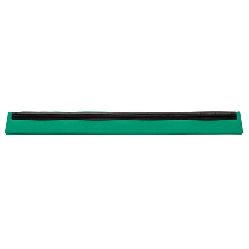 Depicted is a green rectangular base from Haug Bürsten KG with a long, narrow black REPLACEMENT RUBBER LIP, 1-lipped, food grade, 625x20x22 for sealing against a white background.
