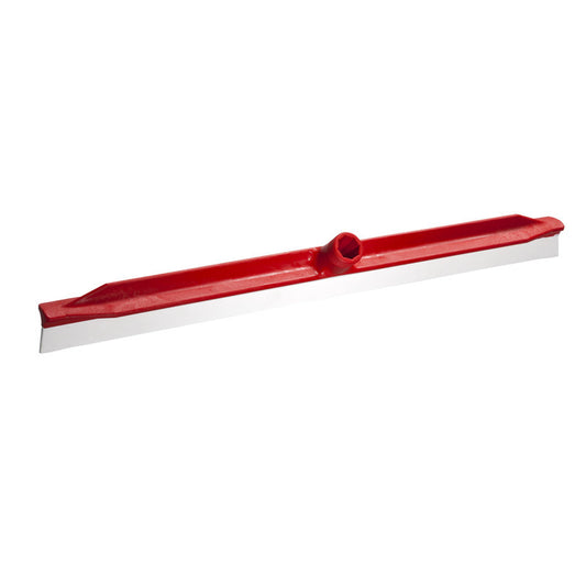 Die WASSERSCHIEBER M.ANGESPRITZTER LIPPE von Haug Bürsten KG ist ein roter Bodenabzieherkopf mit gerader Metallklinge, zentraler Stielbefestigung, ideal für die effiziente Bodenreinigung, abgebildet auf weißem Hintergrund.