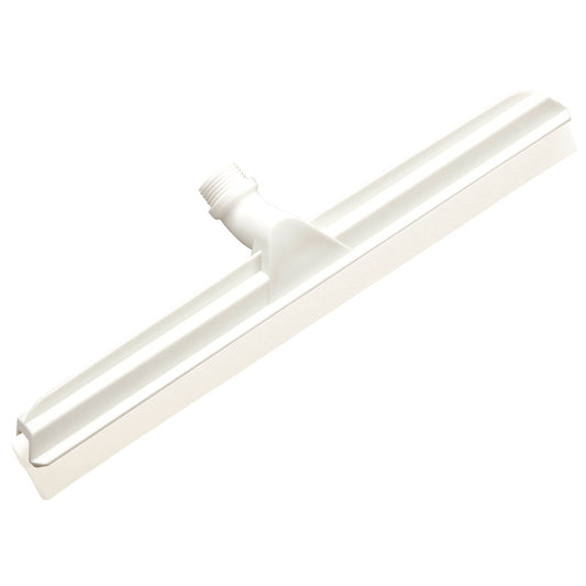 Der GELENK-WASSERSCHIEBER, 2-lippig Lebensmittelg., 560x43x22mm von Haug Bürsten KG ist ein weißer Kunststoff-Bodenabzieher mit Gewindemuffe, ideal für die Lebensmittelindustrie, abgebildet auf einem schlichten weißen Hintergrund.