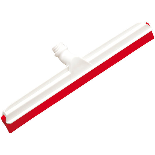 Der GELENK-WASSERSCHIEBER, 2-lippig Lebensmittelg. 560x43x22mm von Haug Bürsten KG ist ein weißer Kunststoff-Bodenabzieher mit rotem Gummiblatt und Gewindeaufsatz, ideal für die Lebensmittelindustrie.